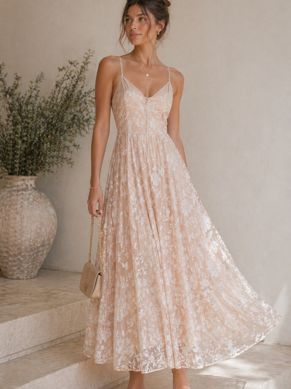 Lulus Peach‎ Pink Floral Tulle Midi Dress Silver Glitter Detail Romantic Sheer